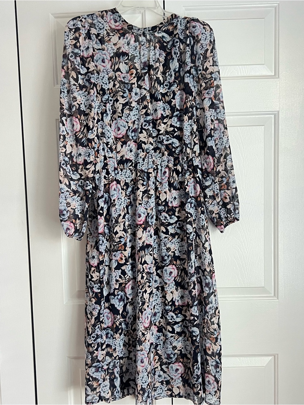 Banana Republic Black Floral Midi Dress with Pink and Blue Blooms